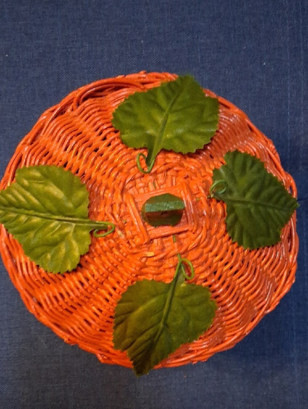 Vintage Orange Wicker Apple Basket with Green Leaves - Picture 2 of 4